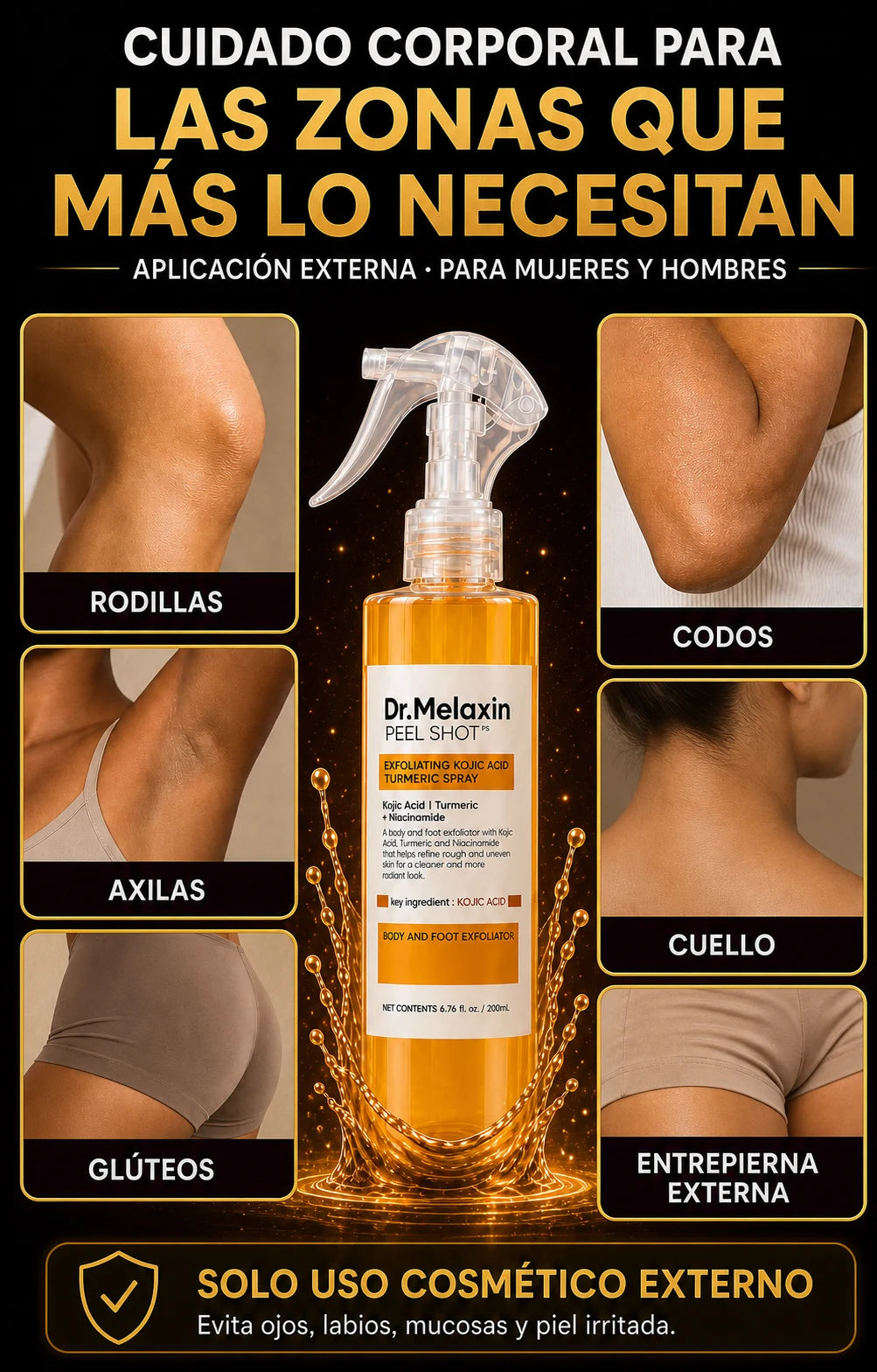 Zonas externas de uso: rodillas, codos, axilas, cuello, glúteos y entrepierna externa