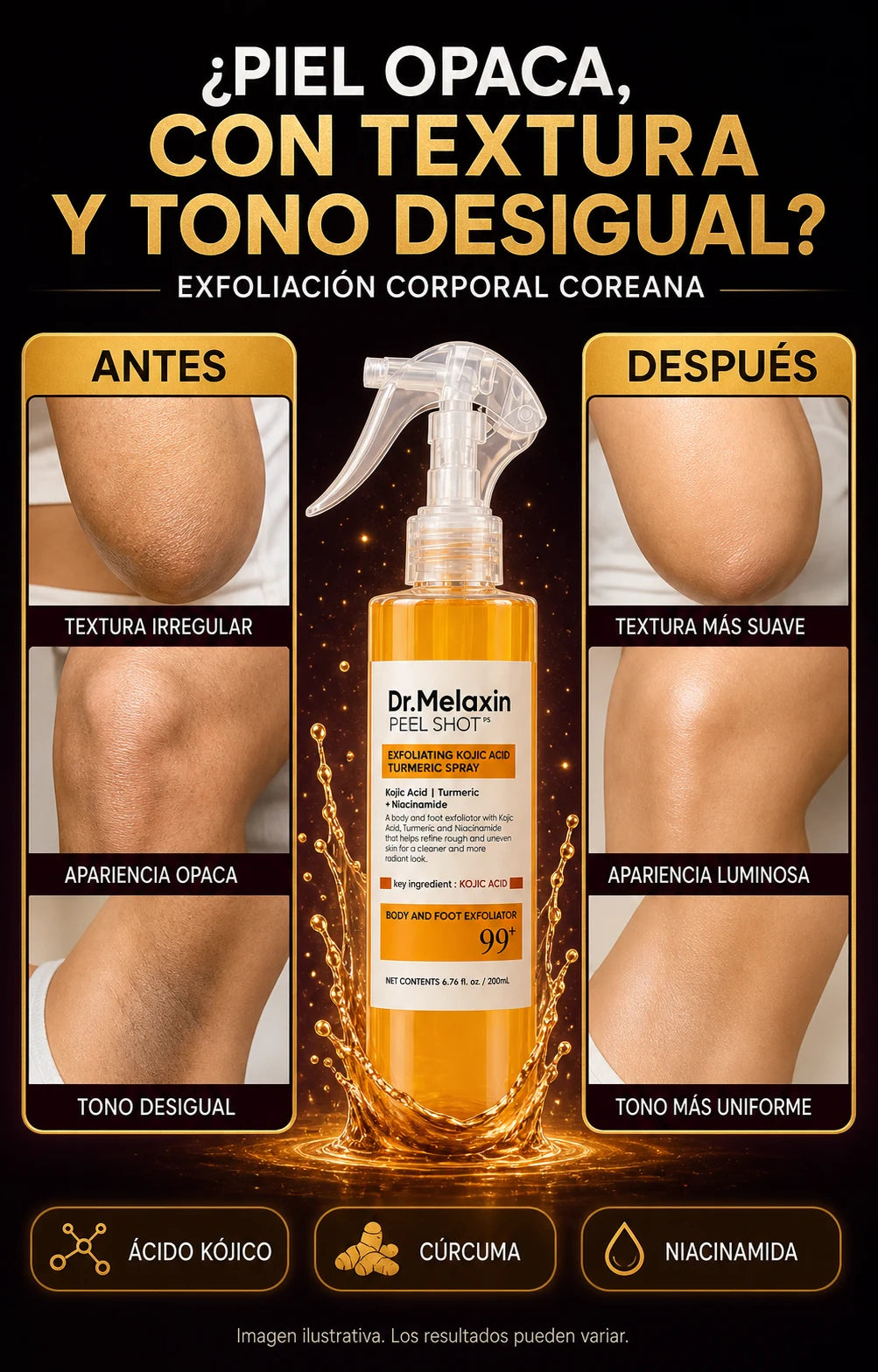 Comparación ilustrativa de apariencia corporal antes y después; los resultados pueden variar
