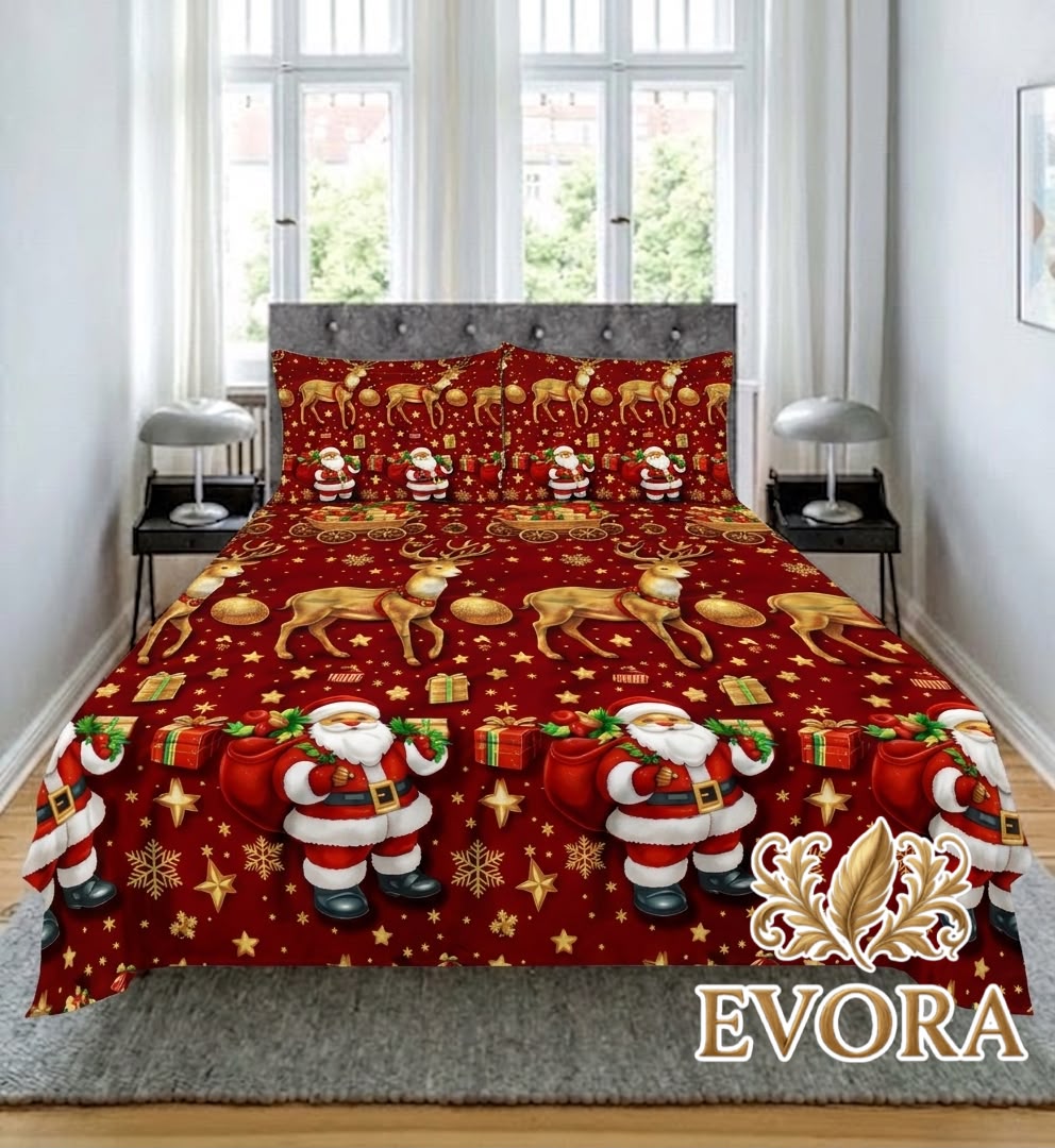 Sábanas navideñas rojas con Papá Noel y reno