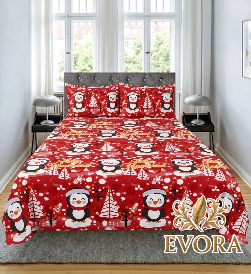 Sábanas navideñas rojas con pingüinos